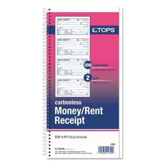 TOPS Money/Rent Receipt Spiral Book 2-3/4 x 4 3/4 2-Part Carbonless 200 Sets/Book 4161 image {2}