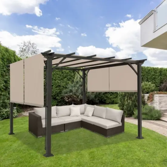 EAGLE PEAK 10'x10' Outdoor Pergola with Retractable Sunshade Canopy, Beige image {7}