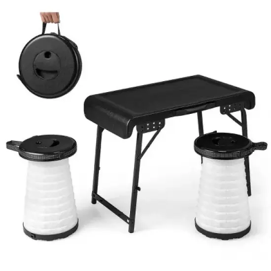 Racxily 3 Pieces Folding Camping Table Stool Set with 2 Retractable LED Stools image {1}