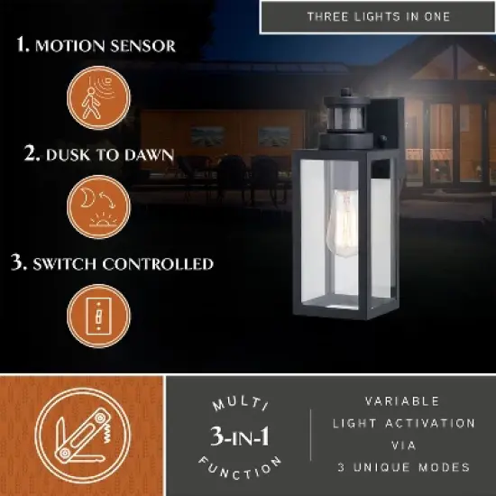 VAXCEL Lombard 4.75-in. 1 Light Black Motion Sensor Dusk to Dawn Outdoor Wall Lantern Clear Glass image {1}