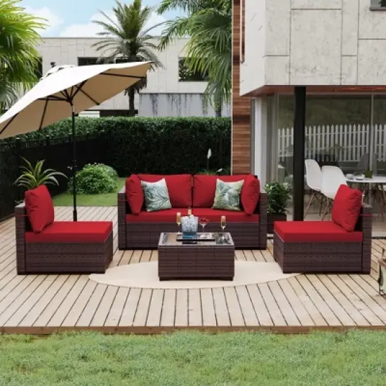 UPHA 5-Piece Rattan Patio Sofa Conversation Set with Cushions image {15}