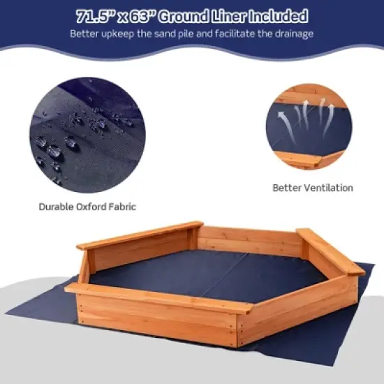 Costway Hexagon Wooden Cedar Sand Box w Seat Boards & Cover & Ground Liner image {5}