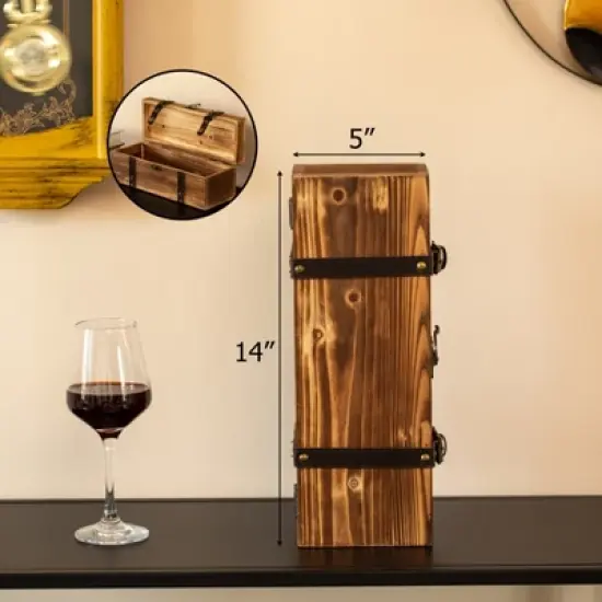 Vintiquewise Vintage Wooden Wine Gift Box &ndash; Rustic Single Bottle Holder with Locking Latch, Decorative Brass Accents, and Faux Leather Straps image {3}