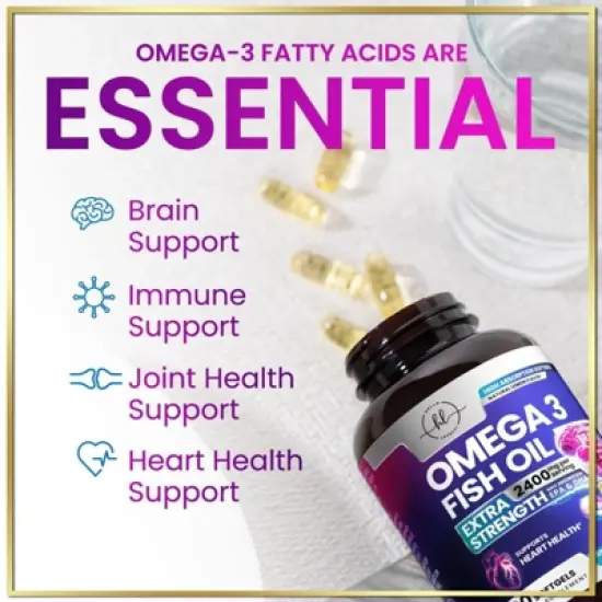 Omega 3 Fish Oil Triple Strength 2400 mg Softgels, Omega-3 Supplements, Natural Heart Health Brain & Joint Support - 120 Softgels By Hello Lovely! image {4}
