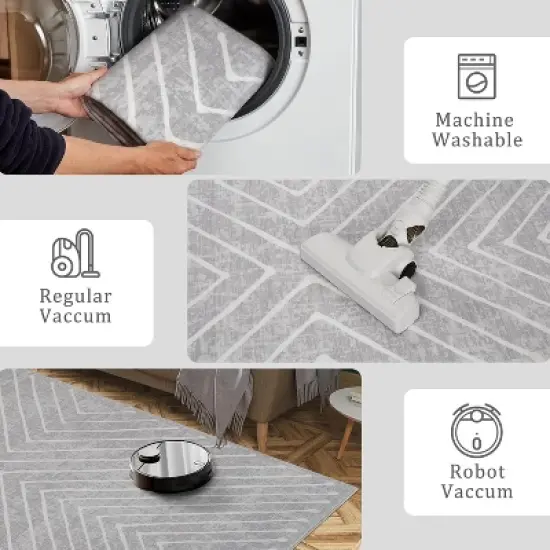 Modern Striped 10x13 Light Grey Washable Rug, Stain-Resistant Non-Slip Low Pile Carpet for Living Room, Nursery, or Apartment Decor image {7}