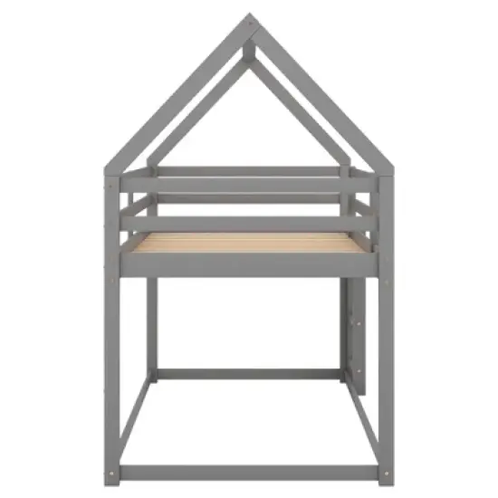 Twin over Twin House Shaped Bunk Bed with  Ladder and Guardrail-ModernLuxe image {8}