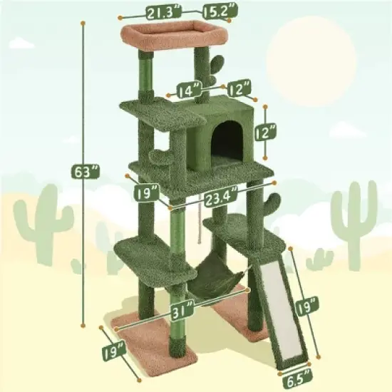 Yaheetech 63" H Multi-Level Cactus Cat Tree, Green/Brown image {2}