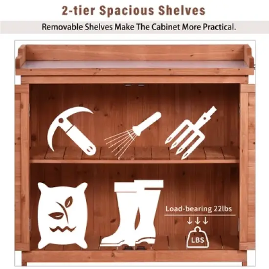 Cesicia Outdoor 39 x 19.1 x 37.4 inch Potting Bench Table,Storage Cabinet with 2-Tier Shelves and Side Hook, Orange image {11}
