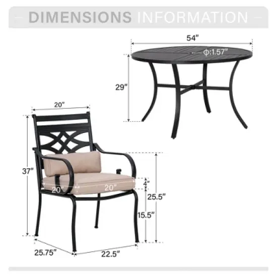 Captiva Designs 7pc Black Round Slatted Steel Table with Umbrella Hole & Metal Chairs with Seat Cushions and Waist Pillows image {10}