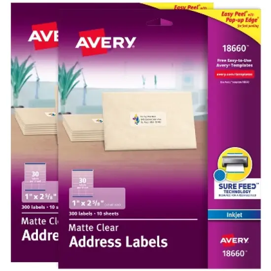 Avery Address Labels, Sure Feed, 1" x 2-5/8", (2 Pack of 18660) image {8}