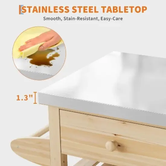 Acekool Outdoor Grill Cart, Wood Storage Cabinet with Stainless Steel Top, Lockable Wheels, Multi-Level Patio Bar Table for Kitchen & Garden image {6}