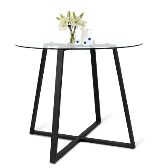 36'' Hana Glass Top Modern Round Dining Table Pedestal Black Leg-The Pop Maison image {7}
