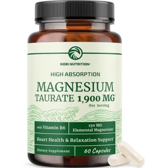 High Absorption Magnesium Taurate Capsules, 1900MG Mag Taurate with Vitamin B6 Supplement for Heart Health & Relaxation Support, Nobi Nutrition, 60ct image {9}