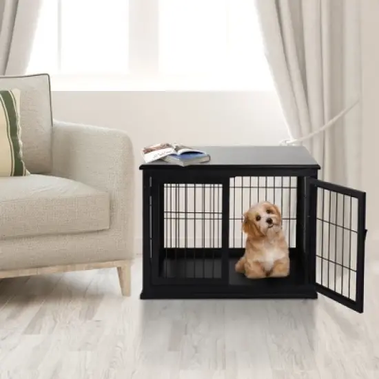 PawHut 26" Wooden Dog Crate, Furniture Style Pet Cage Kennel, End Table, with Lockable Double Door Entrance, and Top Shelf image {2}