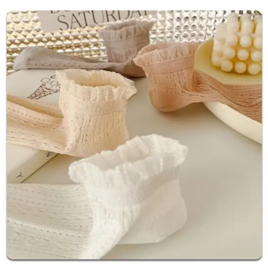 Anna-Kaci 5 Pairs Women's Ruffle Cuff Lace Knit Ankle Socks Breathable Soft Stretch Fabric with Multiple Color Options image {6}