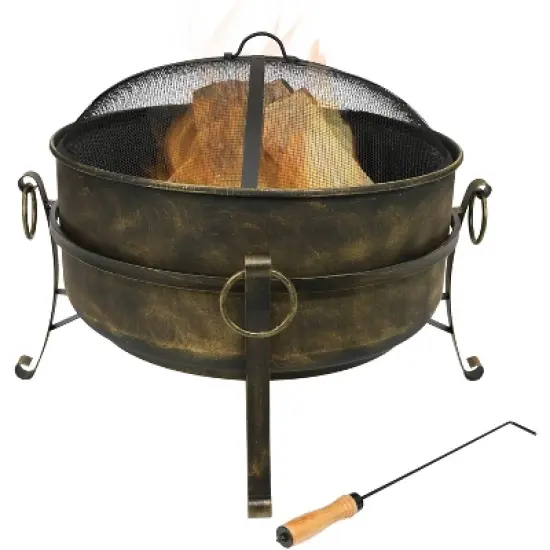 Sunnydaze Outdoor Camping or Backyard Round Cauldron Fire Pit with Spark Screen, Log Poker, and Metal Wood Grate image {7}