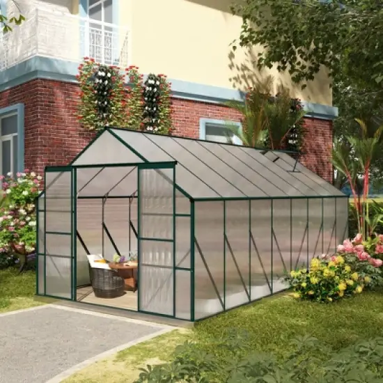 Outsunny Aluminum Greenhouse Polycarbonate Walk-in Garden Greenhouse Kit with Adjustable Roof Vent, Rain Gutter and Sliding Door image {2}