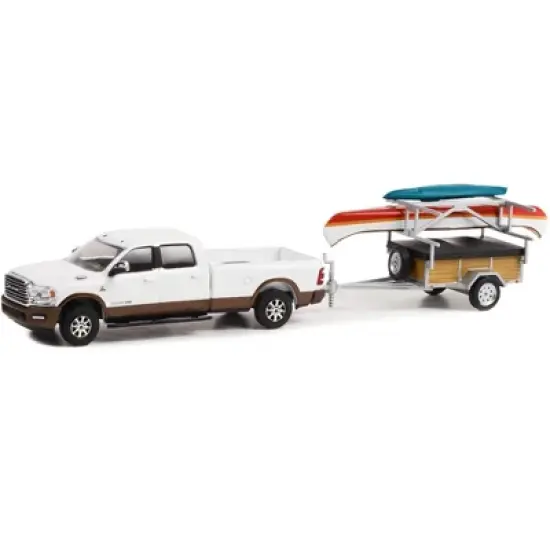 2022 Ram 2500 Ltd Longhorn Truck Bright White & Walnut Brown & Trailer w/Rack Canoe & Kayak 1/64 Diecast Model Car by Greenlight image {1}