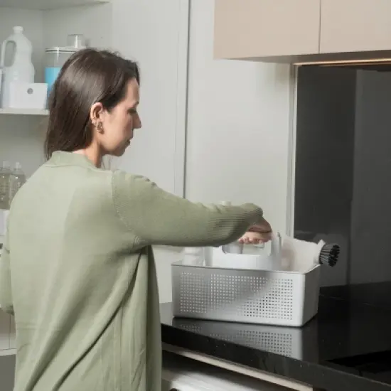 OU 8-Piece Home Cleaning Tools Set &ndash; Silicone Squeegee, Scrub Brushes, Refillable Spray Bottle, Organizer Caddy & More for Bathroom & Kitchen Cleaning image {1}