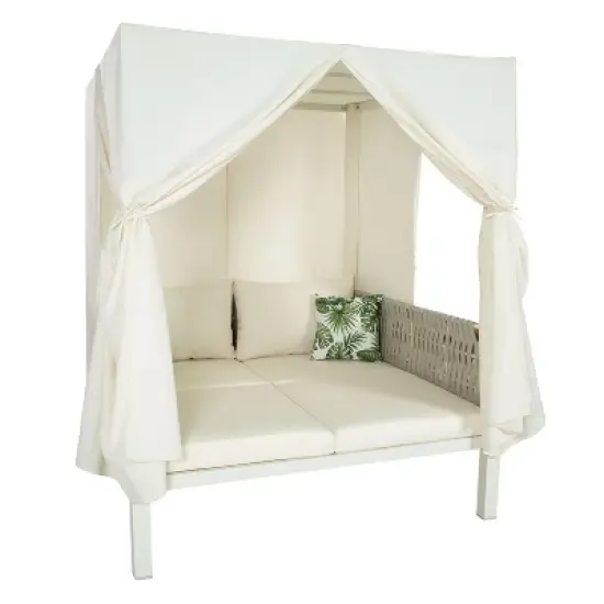 Janey Metal Frame Woven Rope Patio Daybed with Curtains, 2-Seater Outdoor Daybed, Outdoor Furniture, Tanning Near Me - Maison Boucle image {1}