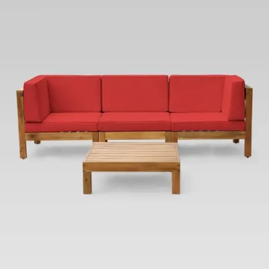 Brava 4pc Acacia Modular Sofa and Table Set - Teak/Red - Christopher Knight Home image {1}