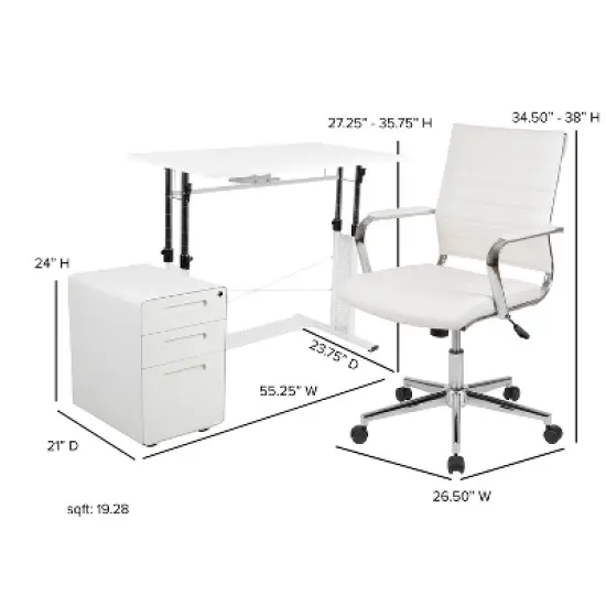 Flash Furniture Work From Home Kit - White Adjustable Computer Desk, LeatherSoft Office Chair and Inset Handle Locking Mobile Filing Cabinet image {5}