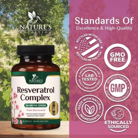 Resveratrol Capsules 1800mg Natural Antioxidant, Anti Aging, Anti Inflammatory - 60 Capsules By Nature's Nutrition image {3}