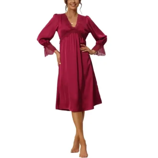 cheibear Womens Satin Nightgowns Long Sleeve Lace Trim V-Neck Pajama Dress image {7}