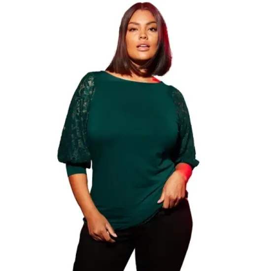 June + Vie by Roaman's Women&rsquo;s Plus Size Lace-Trim Boatneck Top image {3}
