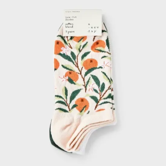 Women's Oranges 3pk Low Cut Socks - A New Day&trade; Orange/White/Green 4-10: Floral Pattern, Tagless image {1}