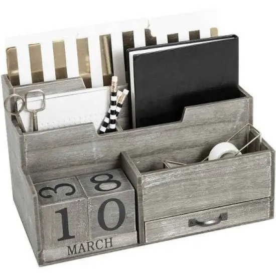 Blu Monaco Dark Wooden Mail Organizer with Block Calendar for Home or Office image {7}
