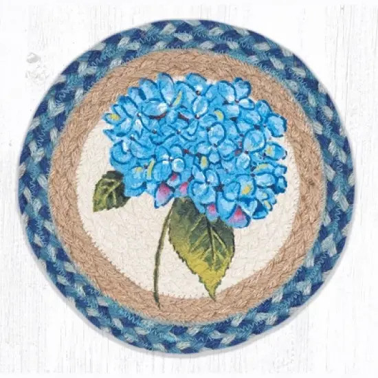 Earth Rugs Blue Hydrangea Printed Round Trivet &ndash; 10"x10" Braided Jute Floral Mat with Hand-Stenciled Garden-Inspired Design image {1}