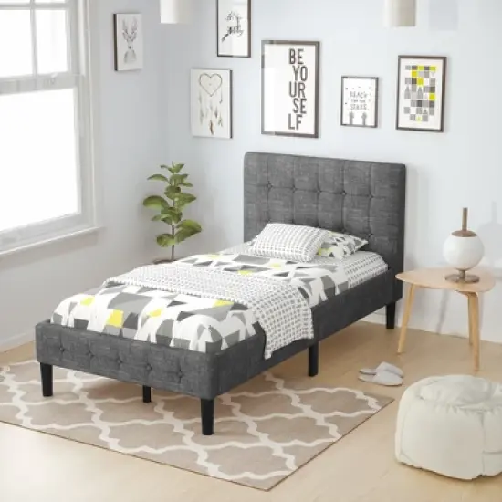 Costway Twin Upholstered Bed Frame Button Tufted Headboard Mattress Foundation image {2}