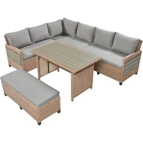 PDTEND 5-Piece Outdoor Patio Wicker L-Shaped Conversation Sofa Set with Cushions, 2 Extendable Side Tables, Dining Table, Washable Covers image {1}