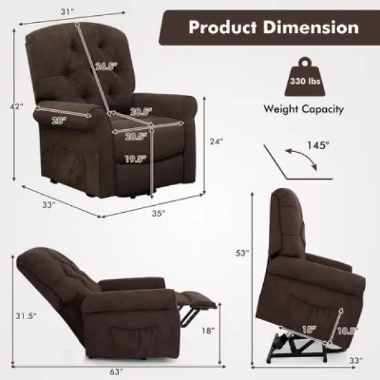 Costway Power Lift Recliner Chair Sofa for Elderly w/ Side Pocket & Remote Control Black\Brown image {2}