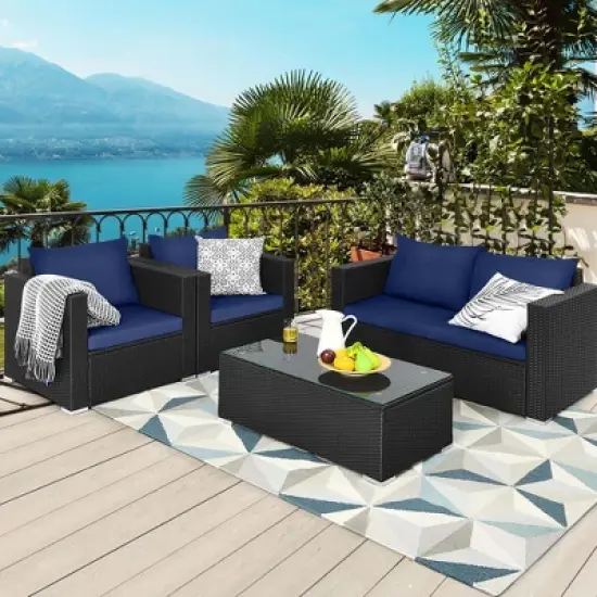 Costway 4 PCS Patio Rattan Furniture Set Cushioned Sofa Chair Coffee Table Blue/Red image {10}