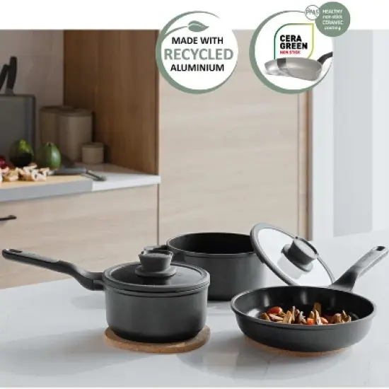 BergHOFF Leo Stone+ 10Pc Nonstick Ceramic Cookware Set With Glass Lid, Recycled Cast Aluminum image {2}
