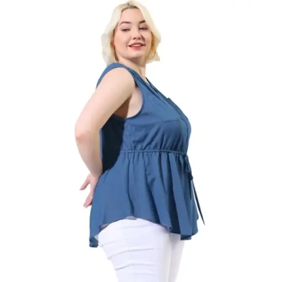 Agnes Orinda Women's Plus Size Shirts Denim V Neck Drawstring Waist Sleeveless Chambray Tops image {3}