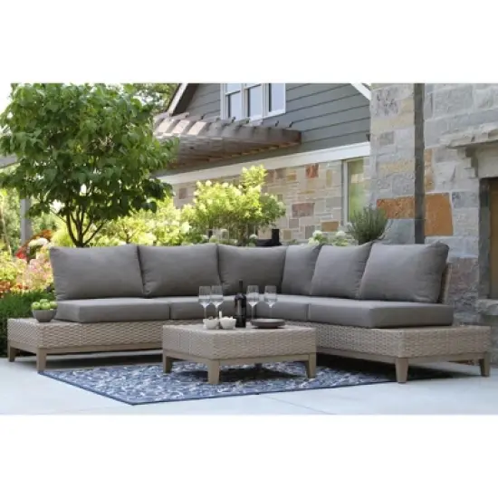 Outdoor Interiors Antique Stained Eucalyptus and Light Beige Wicker Contemporary Sectional Patio Furniture Set, 4 Piece image {1}