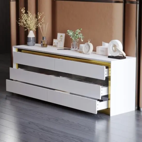 Famapy White Six Drawer Dressers Storage Cabinet Golden Inlaid Contemporary Style image {2}
