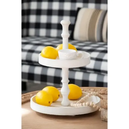 D11.8x15.4in Two-Tiered Round Wooden Tray, White image {2}