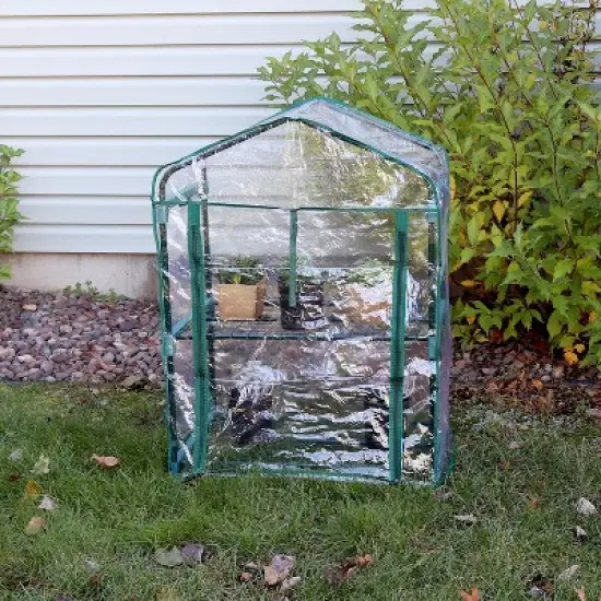 Sunnydaze Outdoor Portable Growing Rack 2-Tier Greenhouse with PVC Roll-Up Door - 2 Shelves - Clear image {8}