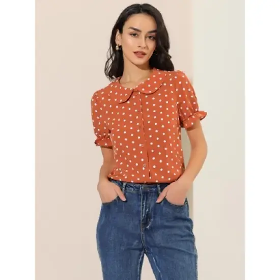 Allegra K Women's Elegant Puff Sleeve Polka Dots Peter Pan Collar Vintage Shirt Top image {2}