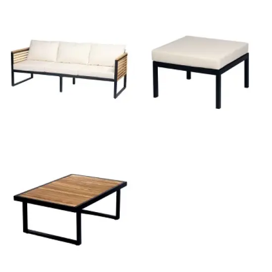 3 PCS Outdoor Sofa Set, 3-Seater Sofa Set with Table and Ottoman, Acacia Wood Sofa with Metal Frame and Polyester Cushion-Coolbibila image {5}