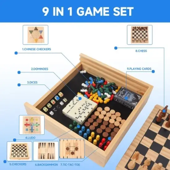 GSE Wooden 9-in-1 Chess, Checkers, Backgammon, Dominoes, Chinese Checkers, Tic-Tac-Toe, Ludo, Playing Cards & Poker Dice Game Combo Set image {1}