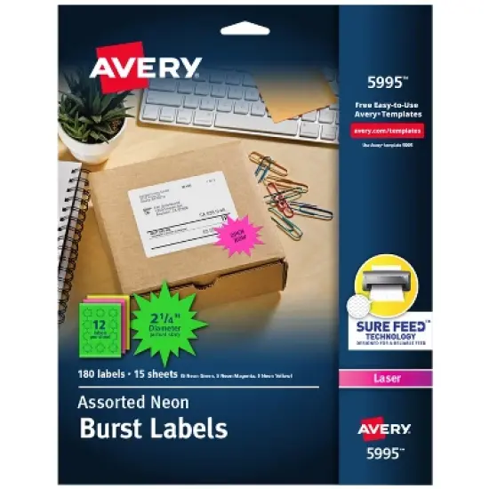 Avery Neon Address Labels with Sure Feed for Laser Printers, 2-1/4", Assorted Colors, 180 Burst Labels (5995) image {7}