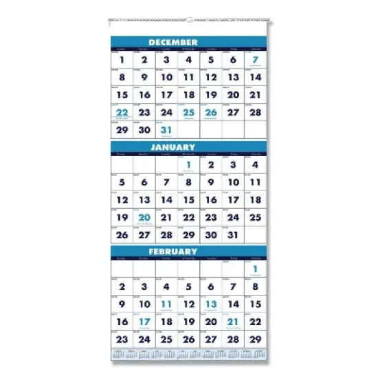 Recycled Three-Month Format Wall Calendar, Vertical Orientation, 12.25 x 26, White Sheets, 14-Month: Dec 2025 to Jan 2027 image {4}