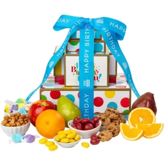 GreatFoods Happy Birthday Fresh Fruit Tower with Peanuts, Cookies, Chocolate Cherries & More image {5}