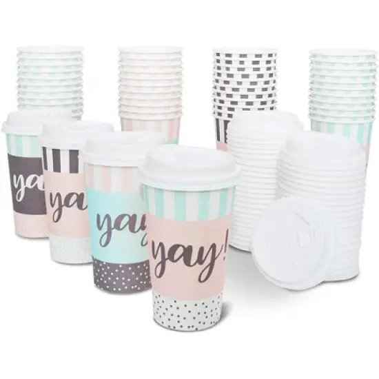 Blue Panda 48 Pack Disposable 16oz Coffee Cups with Lids, 4 Assorted Yay Designs image {6}