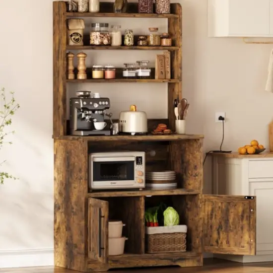 Microwave Stand Bakers Rack Cabinet, Farmhouse Wooden Storage Cabinet with Power Outlet with Thickened Counter image {8}